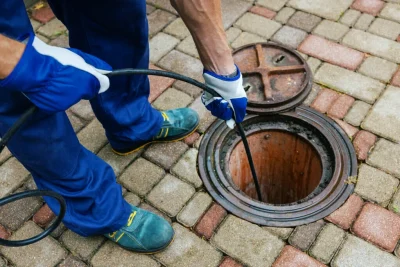 Plumber cleaning an outdoor sewer drain in Upland