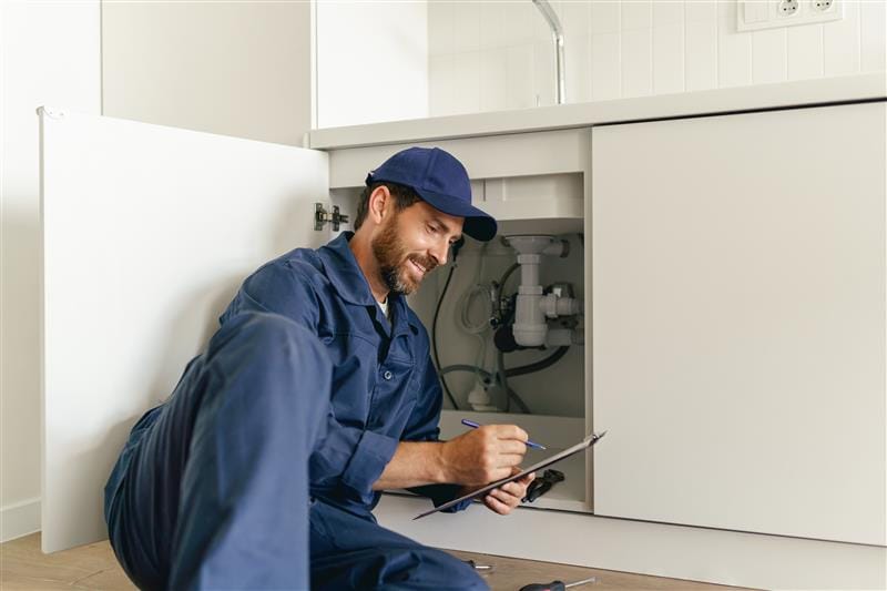 Residential plumber reviewing plumbing repairs in a Upland kitchen