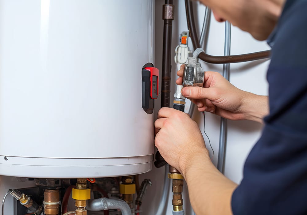 Technician repairing pipes connected to a water heater in Upland